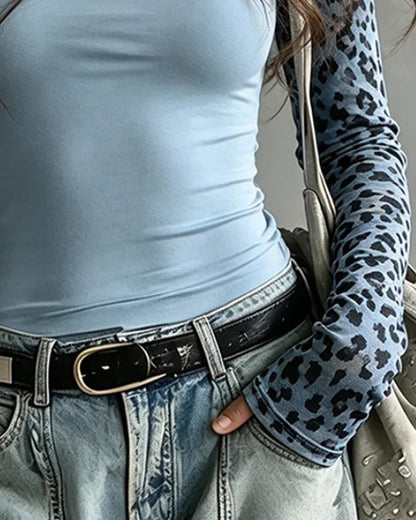 Top U-Ausschnitt Leopardenmuster Slim Langarm