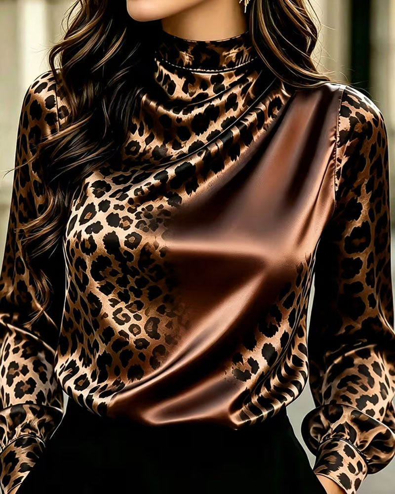 Bluse Mock Neck Leopard Kontrast Drapierung