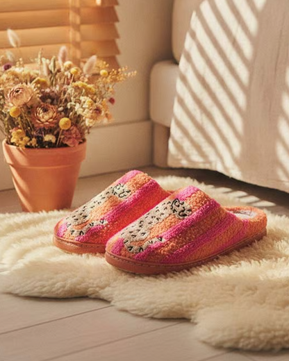 Dames Retro Gestreept & Luipaard Pluizige Pantoffels