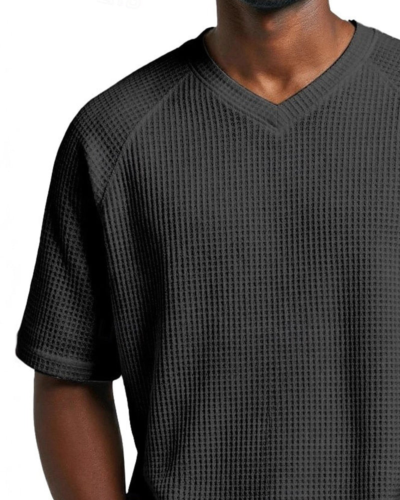Herren-V-Ausschnitt-Shirt In Waffelstruktur, Lässiges Kurzarm-Oberteil In Unifarbe