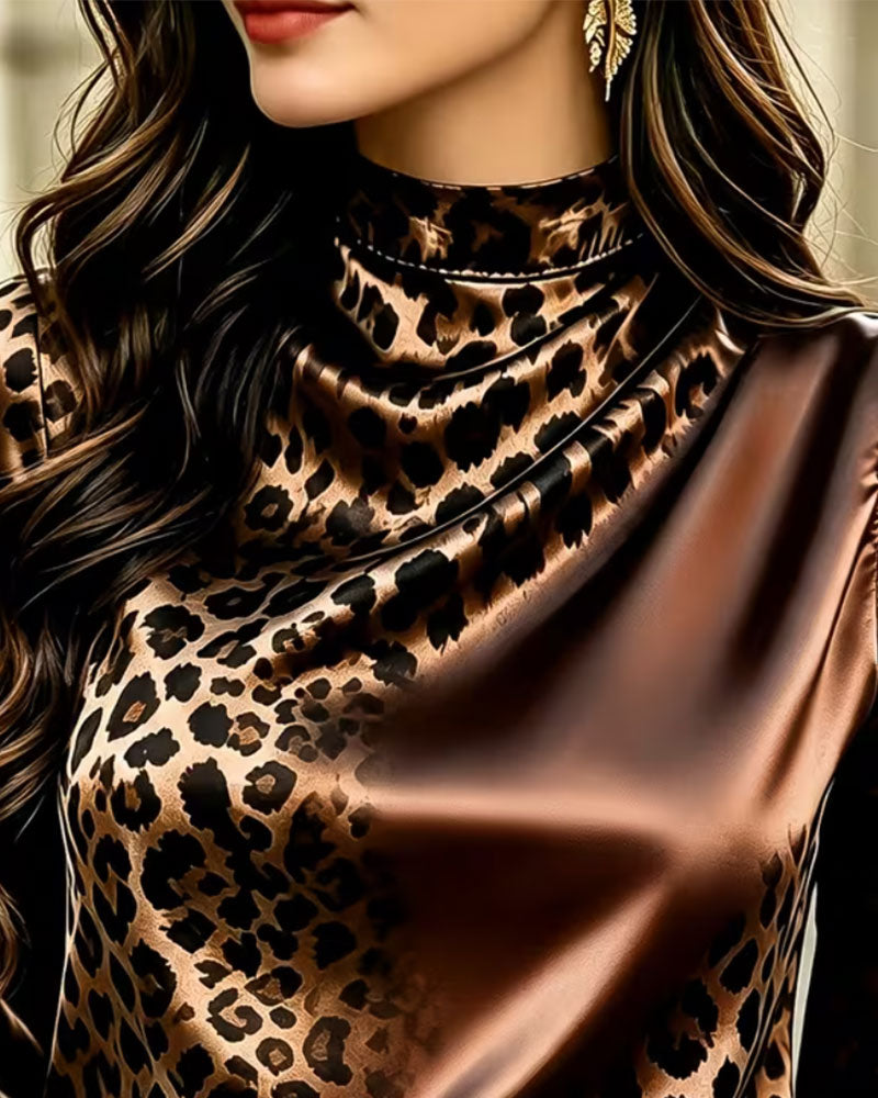 Bluse Mock Neck Leopard Kontrast Drapierung