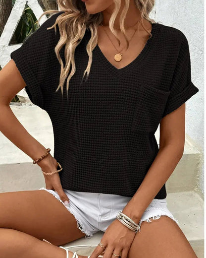 T-Shirt Damen Waffelstrick V-Ausschnitt Lässig Sommer