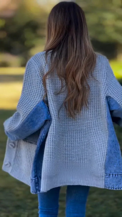 Denim patchwork knitted loose cardigan jacket