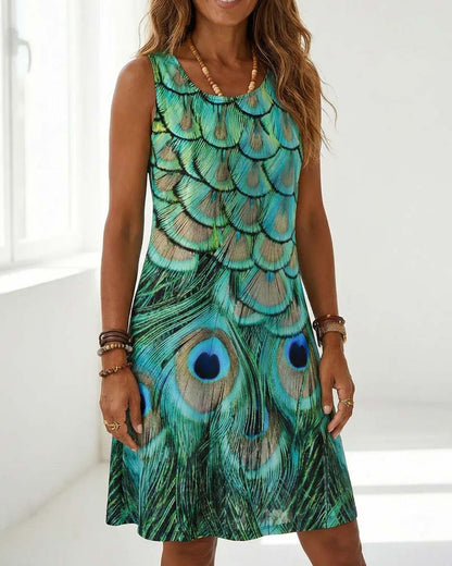 Kleid Ärmellos Pfauenprint Mode