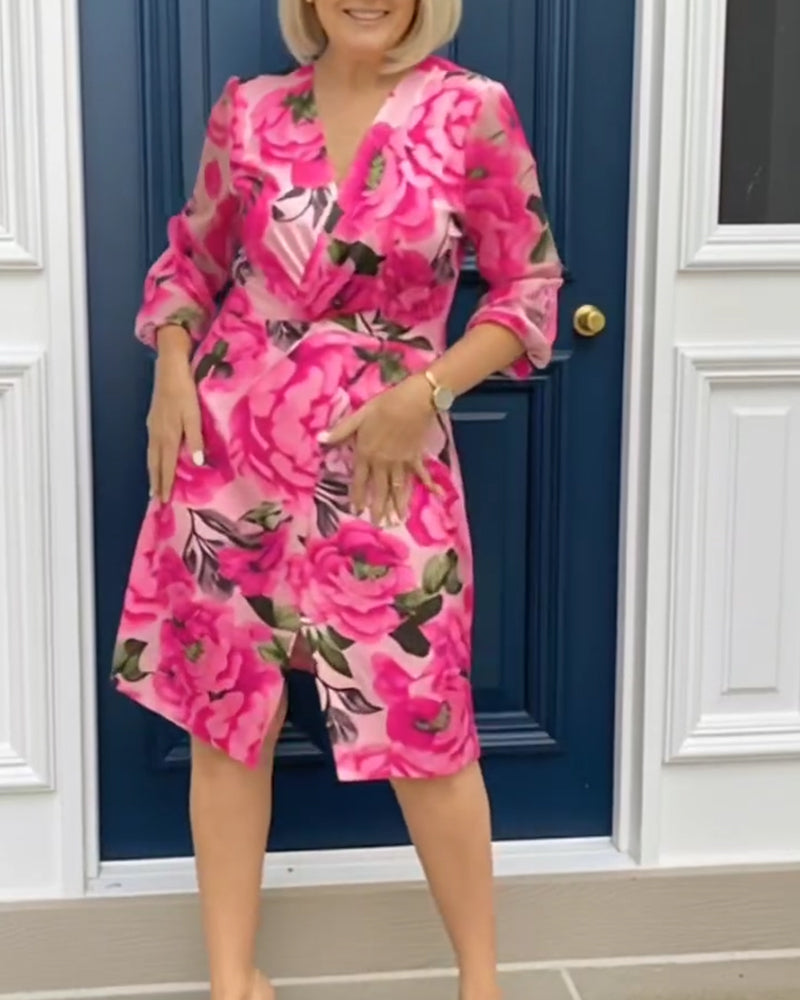 Kleid V-Ausschnitt Blumenprint Langärmlig