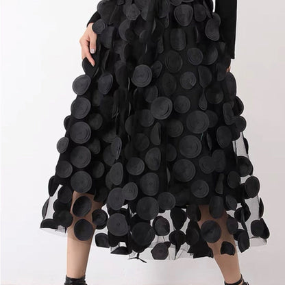 Black Polka Dot Mesh Midi Skirt for Women - Clelia