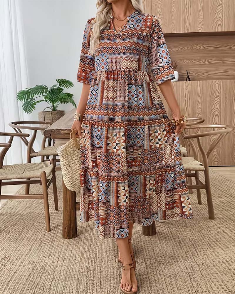 Kleid Etnisch Geometrischer Druck Lang