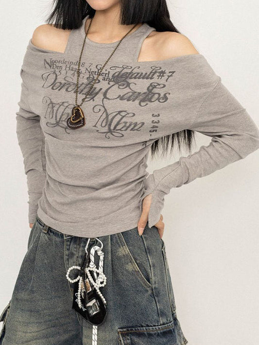 Vintage One Shoulder Fake Two Pieces Print Top