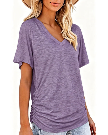 T-Shirt Plissiert Einfarbig V-Ausschnitt