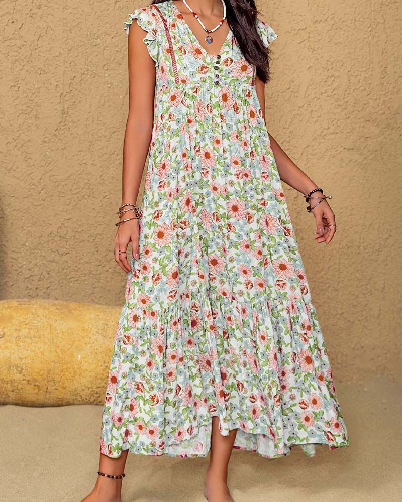 Kleid Blumenmuster V-Ausschnitt Rüschenärmel