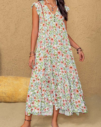 Kleid Blumenmuster V-Ausschnitt Rüschenärmel