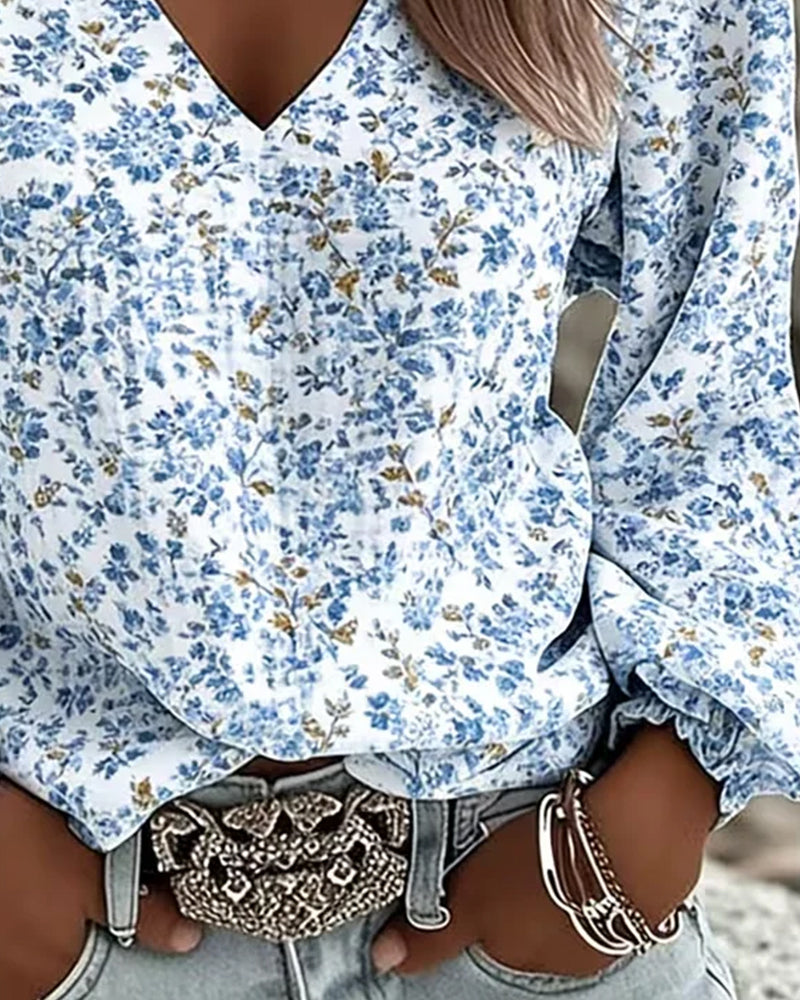 Blouse Puffärmel Blumig V-Ausschnitt