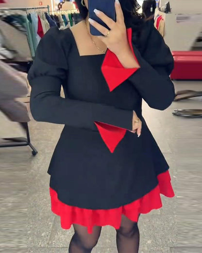 Kleid Schlitz Glockenärmel Patchwork A-Saum