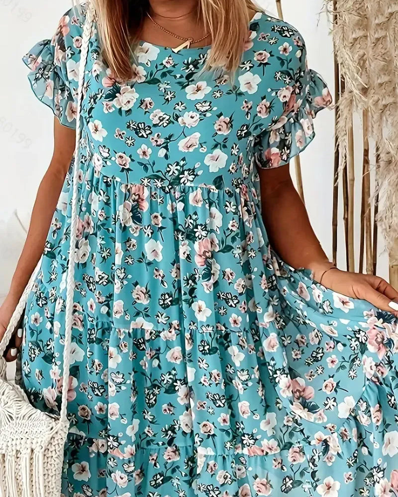 Kleid Geblümt Kurzarm Bedruckt
