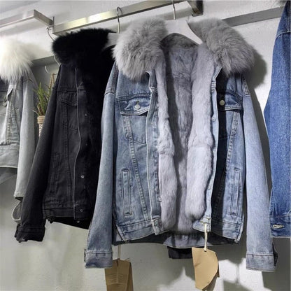 Denim Jacket with Faux Fur Hood for Women - Floriana