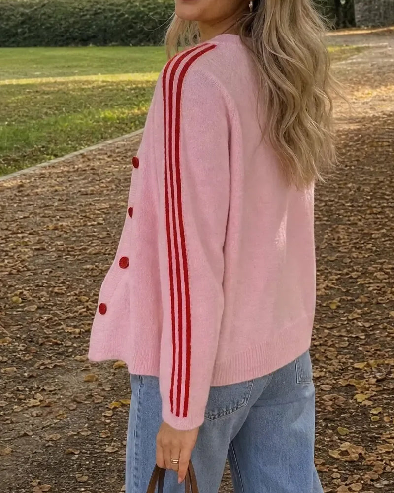 Cardigan Gestreift 3/4 Ärmel Knopf