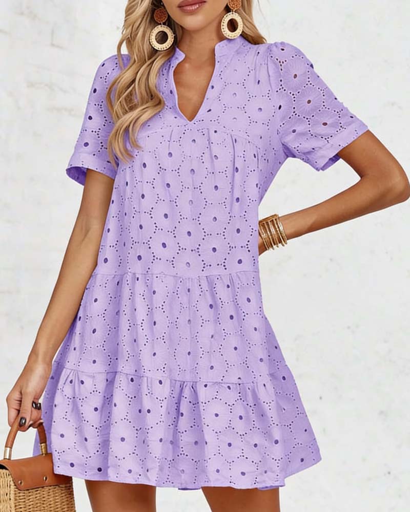 Kleid Durchbrochen V-Ausschnitt Kurzarm
