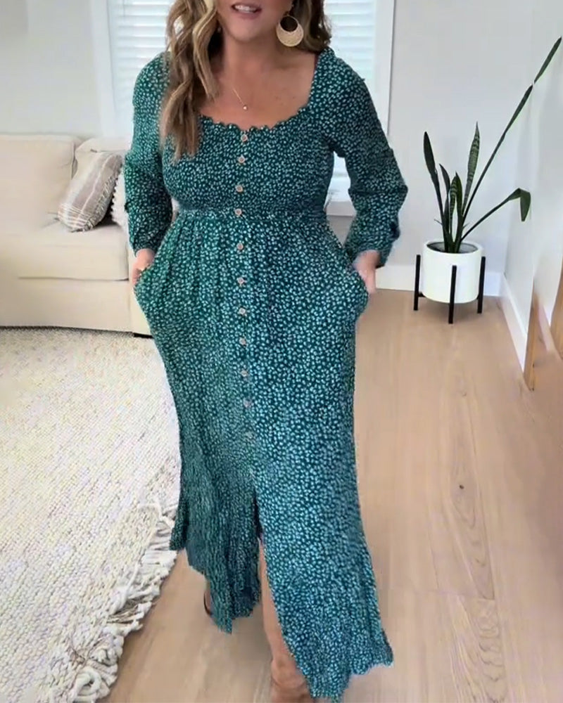 Kleid Blumenmuster Knopf Langarm