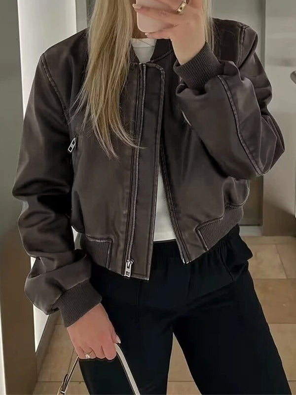 Vintage Solid Color Leather Bomber Jacket