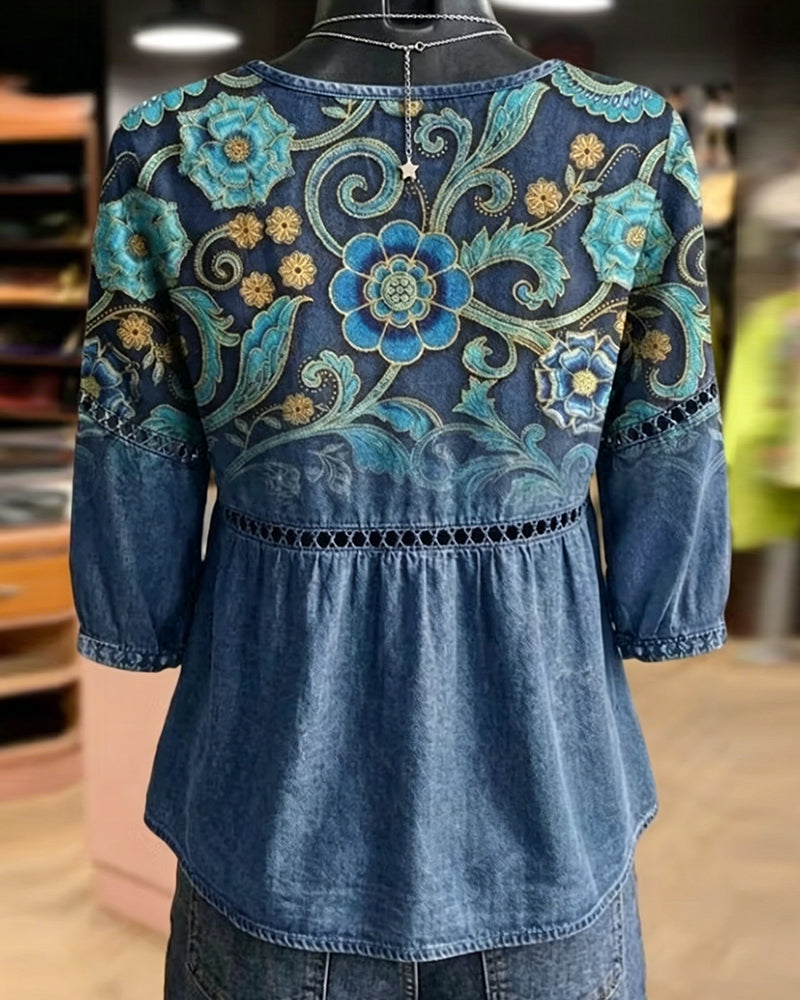 Bluse Hohl Aus Druck Vintage