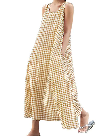 Kleid Karo Ärmellos Quadratischer Ausschnitt Maxi