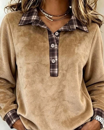 Sweatshirt Revers Knopf Kariert Patchwork