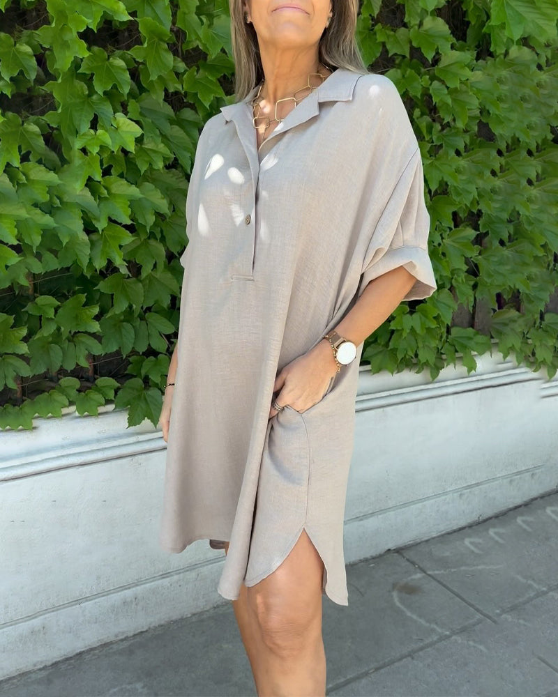Kleid einfarbig geknöpft Schlitz Hemd