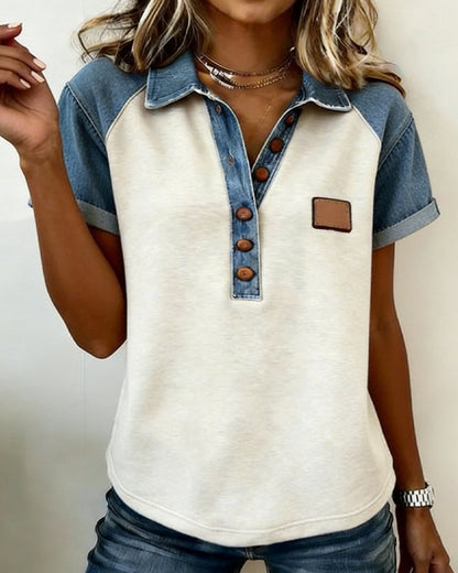 T-Shirt Denim Farbe Block Kurz Ärmel