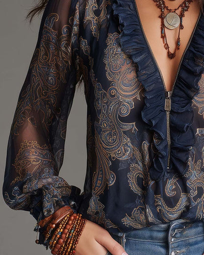 Bluse Halb-Reißverschluss Rüsche Retro