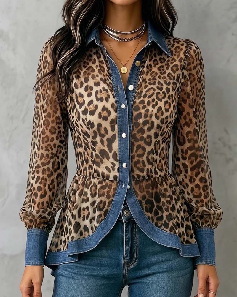 Bluse Denim Leopard Patchwork Tailliert