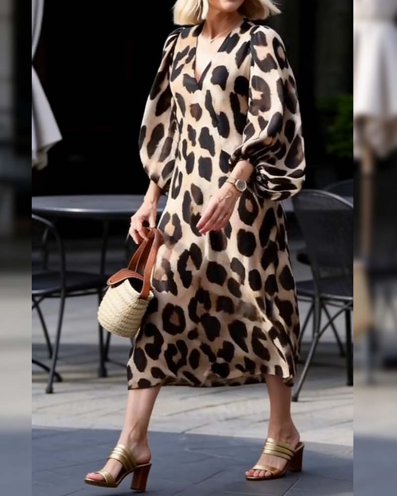 Kleid Laternenärmel V-Ausschnitt Leopardenprint