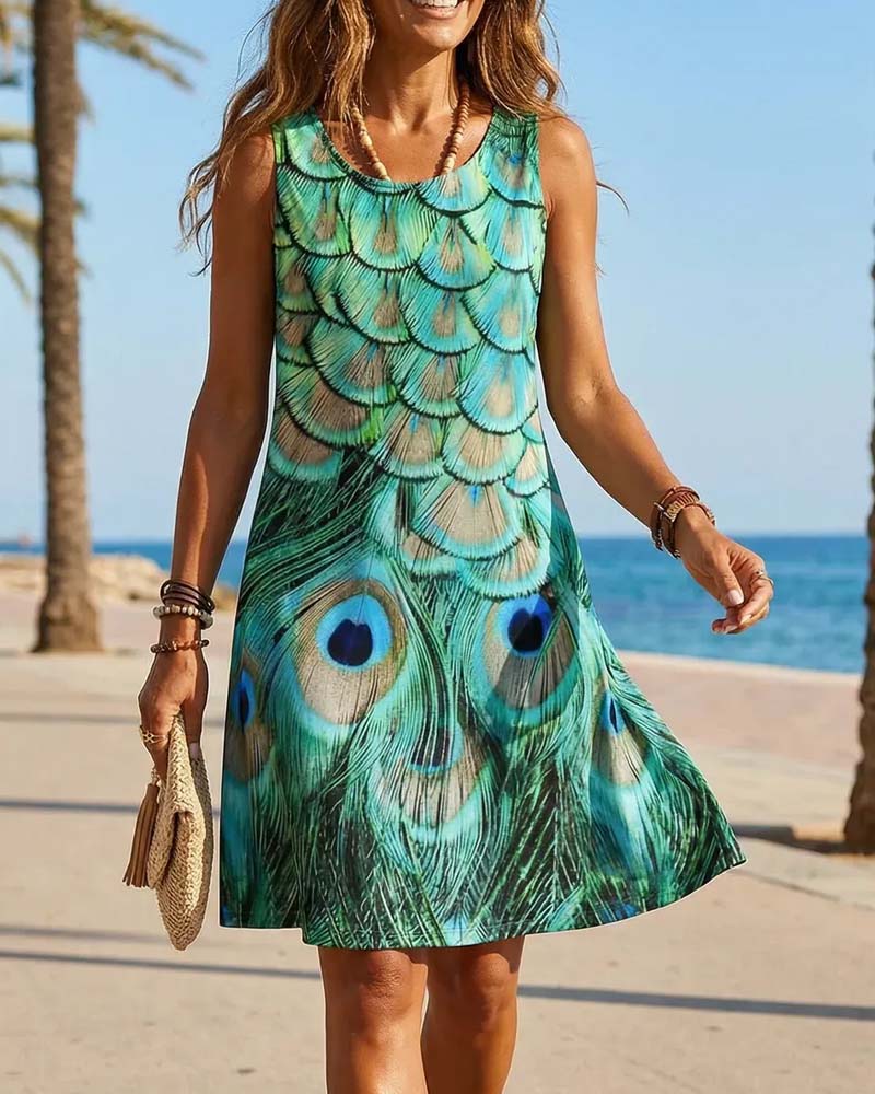 Kleid Ärmellos Pfauenprint Mode
