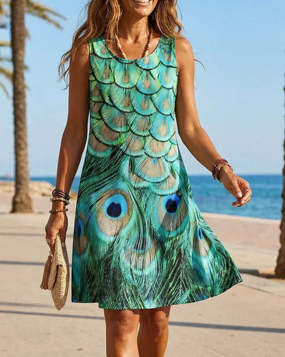 Kleid Ärmellos Pfauenprint Mode