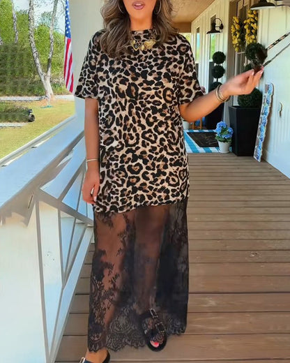 Kleid Stilvoll Kurzarm Leopardenmuster