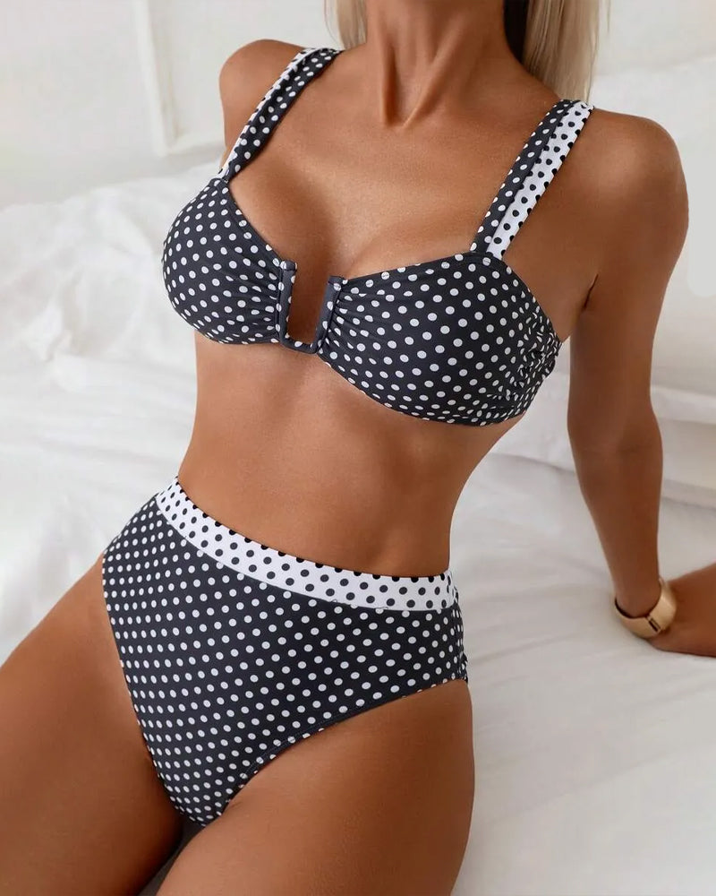 Bikini Gepunktet High Waist Metallschnalle Geteilt