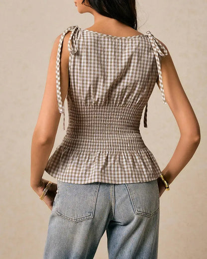 Bluse Ärmellos Karo Binden Taille