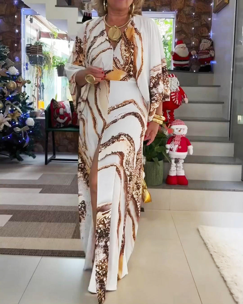 Kleid langärmlig V-Ausschnitt Schlitz bedruckt