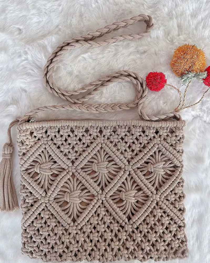 🏆Blitzangebot⚡Minimalistische Quasten Damenclutch – Retro Tasche aus Baumwollseil Geflochten Boho Strandtasche für den Sommerurlaub