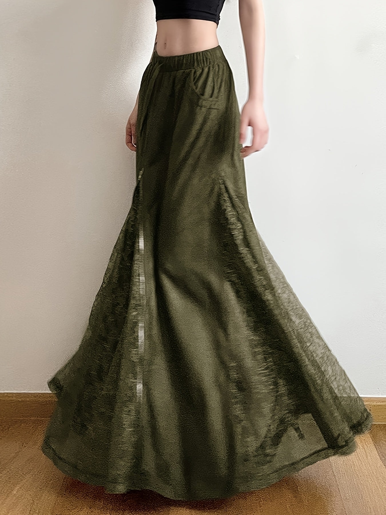 Jupe longue vert olive à taille élastique pour femme - Emanuela