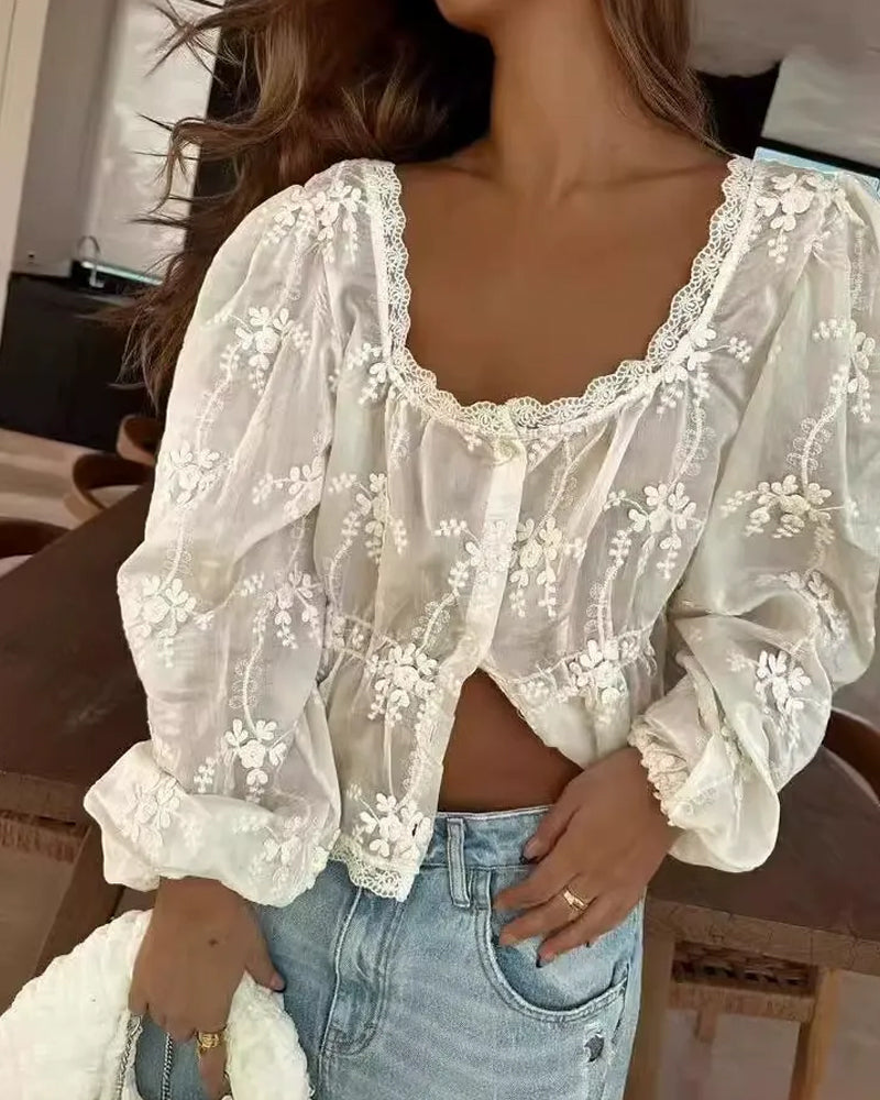 Bluse U-Ausschnitt Locker Bestickt Langarm