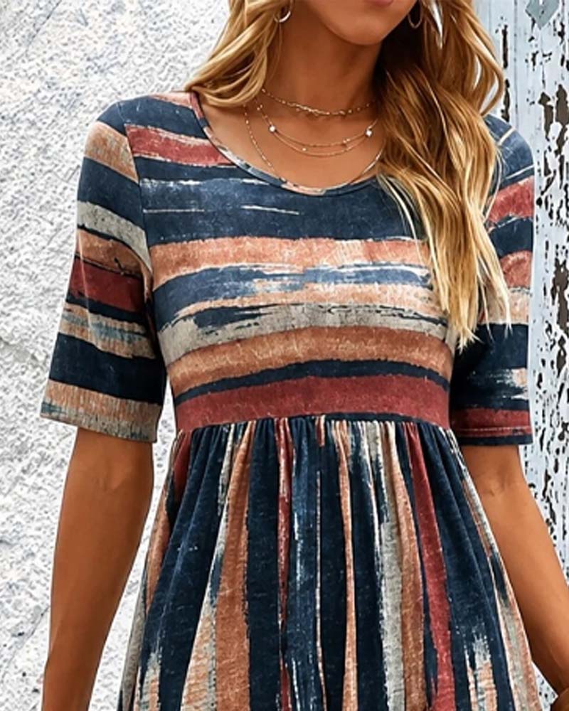 Kleid Rundhals Gestreift Hohe Taille A-Linie
