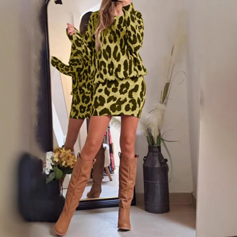 Leopard Print Knit Sweater and Skirt Set for Women - Oria