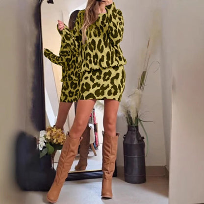 Leopard Print Knit Sweater and Skirt Set for Women - Oria