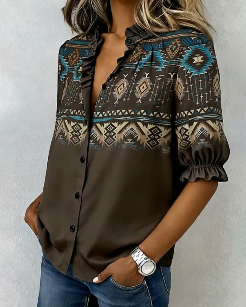 Bluse Western Stil Gedruckt Volant Kurzärmelig