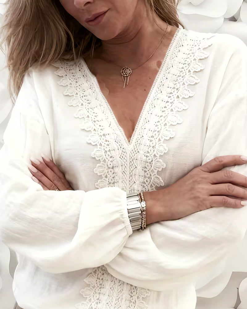 blouse elegant spitzenbesatz v-ausschnitt