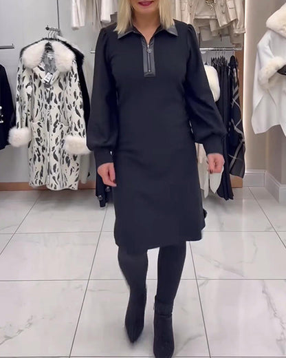 Kleid Reverskragen Puffärmel Halb-Reißverschluss