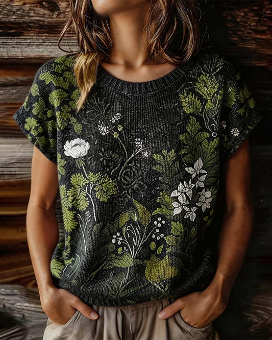 T-Shirt Rundhals Gestrickt Print Kurz