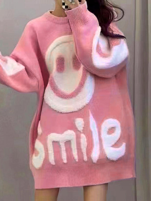 Y2K Smile Print Dickes Lockeres Sweatshirt