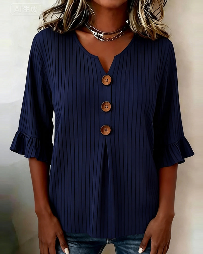 Blouse Glockenärmel Gerippt Holzknopf