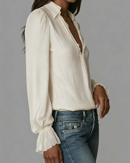 Elegante Bluse Mit Tiefem V-Ausschnitt Und Rüschenärmeln
